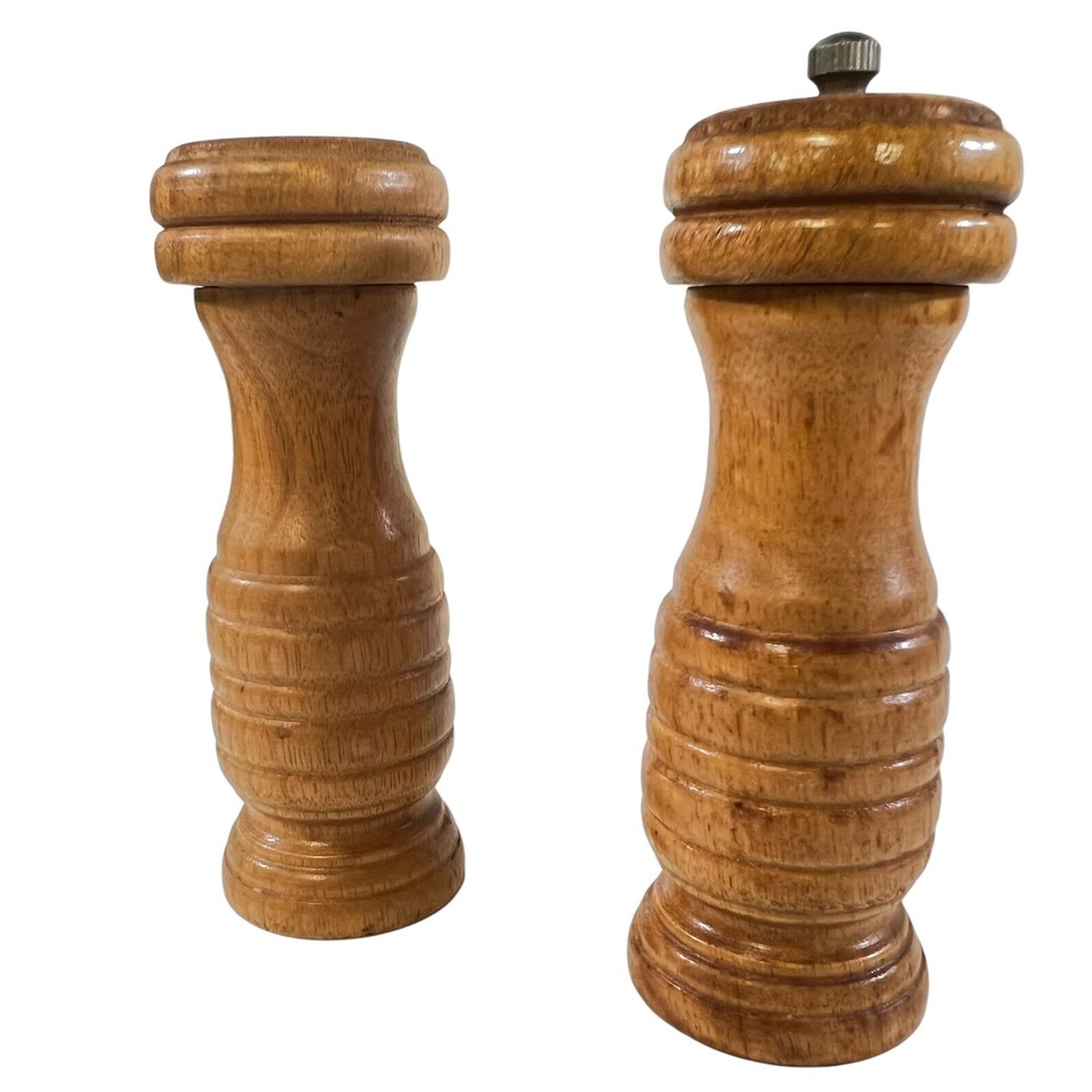 Vintage MCM Salt Pepper Shaker Mill Wood 5" Brown Round Set